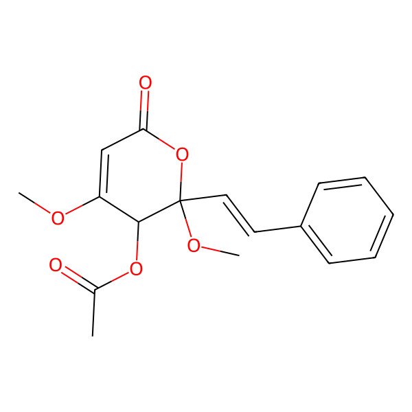 2D Structure of (5S,6S)-5-Acetoxy-5,6-dihydro-4,6-dimethoxy-6-[(E)-2-phenylethenyl]-2H-pyran-2-one