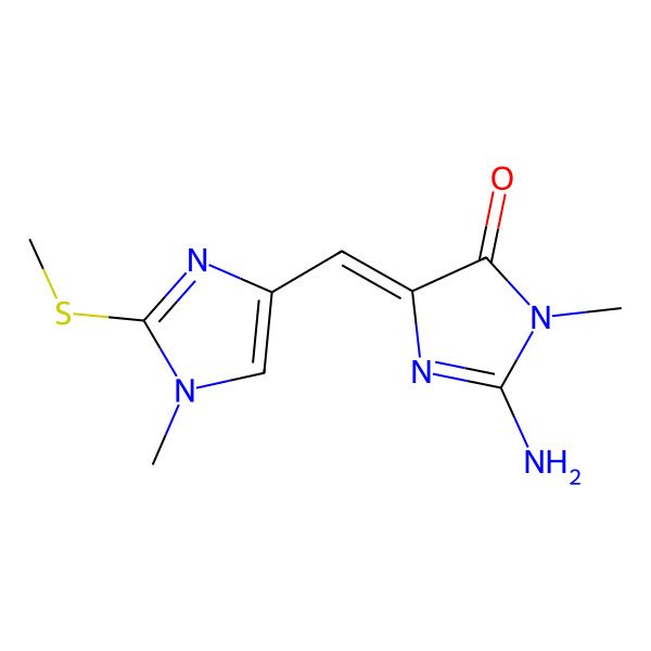 2D Structure of (5Z)-2-amino-3-methyl-5-[(1-methyl-2-methylsulfanylimidazol-4-yl)methylidene]imidazol-4-one