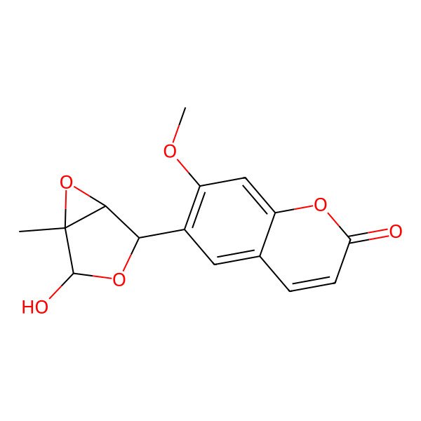 2D Structure of 6-[(1R,2R,4S,5R)-4-hydroxy-5-methyl-3,6-dioxabicyclo[3.1.0]hexan-2-yl]-7-methoxychromen-2-one