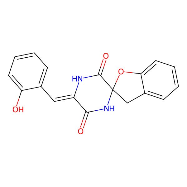 2D Structure of 6'-[(2-hydroxyphenyl)methylidene]spiro[3H-1-benzofuran-2,3'-piperazine]-2',5'-dione
