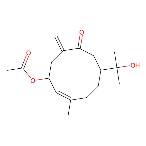 2D Structure of [6-(2-Hydroxypropan-2-yl)-3-methyl-9-methylidene-8-oxocyclodec-2-en-1-yl] acetate