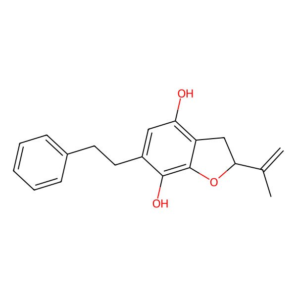 2D Structure of 6-(2-Phenylethyl)-2-prop-1-en-2-yl-2,3-dihydro-1-benzofuran-4,7-diol