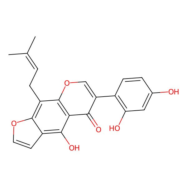 2D Structure of 6-(2,4-Dihydroxyphenyl)-4-hydroxy-9-(3-methylbut-2-enyl)furo[3,2-g]chromen-5-one