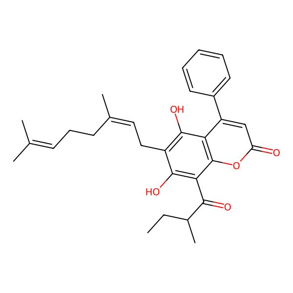 2D Structure of 6-[(2E)-3,7-dimethylocta-2,6-dienyl]-5,7-dihydroxy-8-[(2R)-2-methylbutanoyl]-4-phenylchromen-2-one