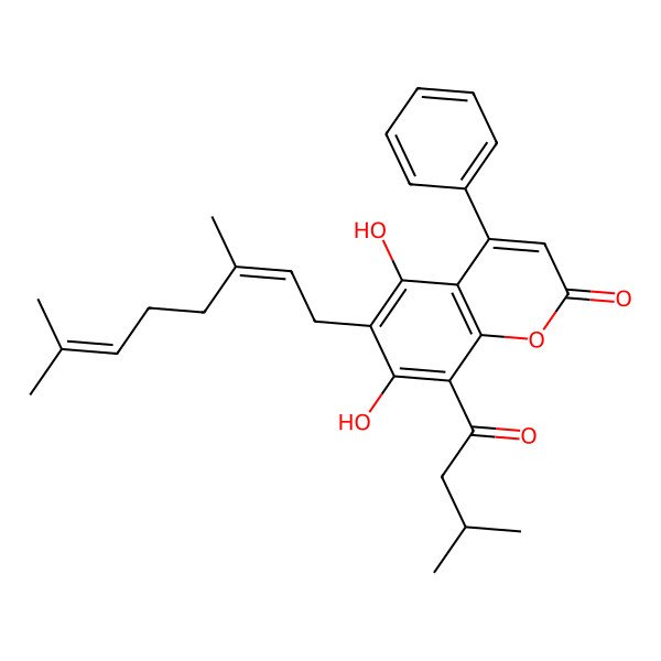 2D Structure of 6-[(2E)-3,7-dimethylocta-2,6-dienyl]-5,7-dihydroxy-8-(3-methylbutanoyl)-4-phenylchromen-2-one