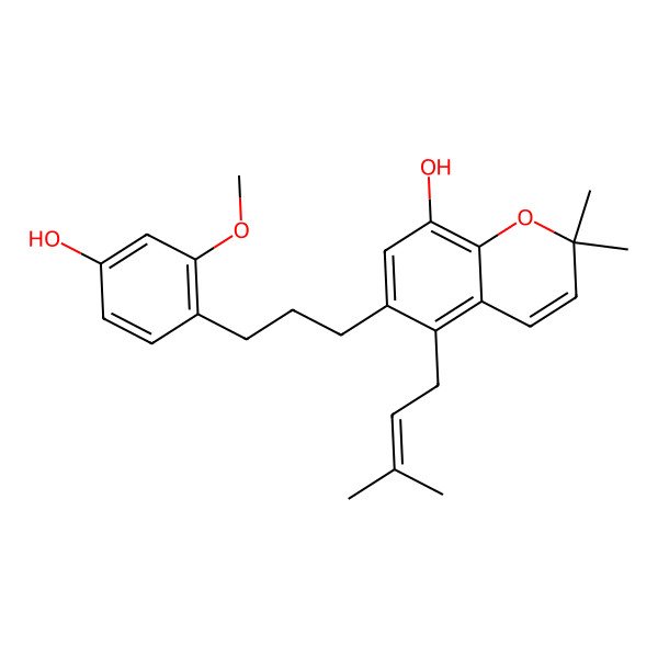 2D Structure of 6-(3-(4-Hydroxy-2-methoxy-phenyl)-propyl)-2,2-dimethyl-5-(3-methyl-but-2-enyl)-2H-1-benzopyran-8-ol