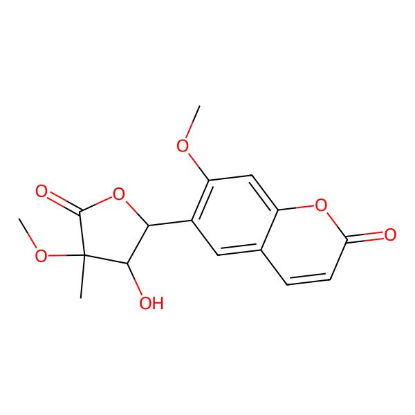 2D Structure of 6-(3-Hydroxy-4-methoxy-4-methyl-5-oxooxolan-2-yl)-7-methoxychromen-2-one