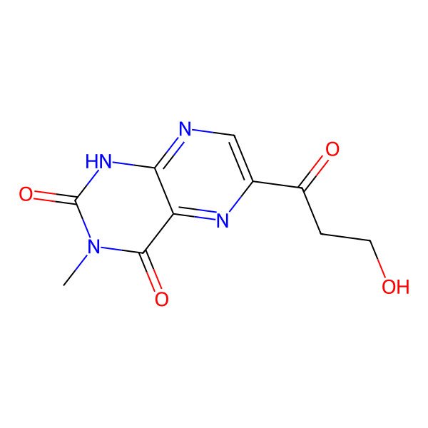 2D Structure of 6-(3-hydroxypropanoyl)-3-methyl-1H-pteridine-2,4-dione