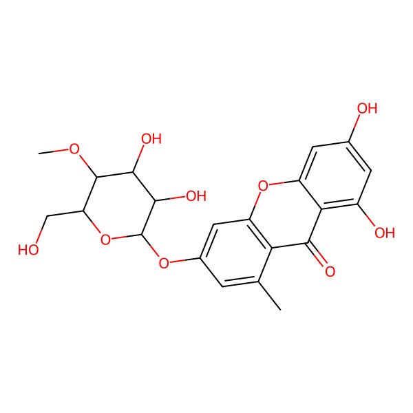 2D Structure of 6-[3,4-Dihydroxy-6-(hydroxymethyl)-5-methoxyoxan-2-yl]oxy-1,3-dihydroxy-8-methylxanthen-9-one