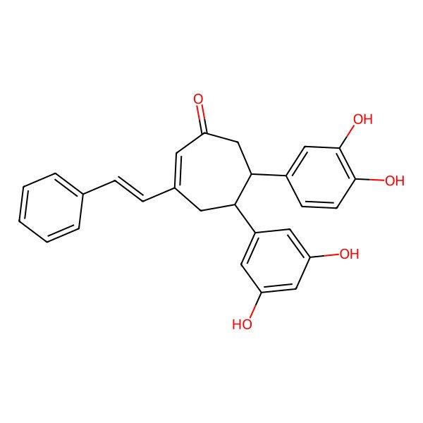 2D Structure of 6-(3,4-Dihydroxyphenyl)-5-(3,5-dihydroxyphenyl)-3-(2-phenylethenyl)cyclohept-2-en-1-one