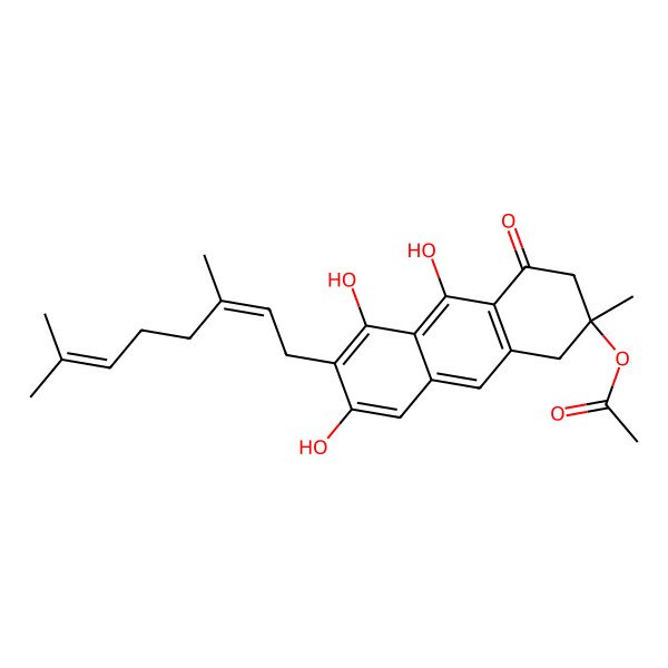 2D Structure of [6-(3,7-Dimethylocta-2,6-dienyl)-5,7,10-trihydroxy-2-methyl-4-oxo-1,3-dihydroanthracen-2-yl] acetate