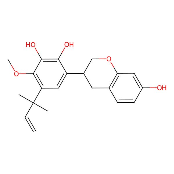 2D Structure of 6-[(3S)-7-hydroxy-3,4-dihydro-2H-chromen-3-yl]-3-methoxy-4-(2-methylbut-3-en-2-yl)benzene-1,2-diol