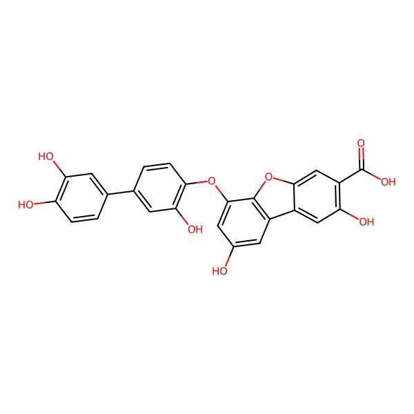 2D Structure of 6-[4-(3,4-Dihydroxyphenyl)-2-hydroxyphenoxy]-2,8-dihydroxydibenzofuran-3-carboxylic acid