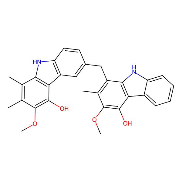 2D Structure of 6-[(4-hydroxy-3-methoxy-2-methyl-9H-carbazol-1-yl)methyl]-3-methoxy-1,2-dimethyl-9H-carbazol-4-ol