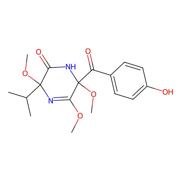 2D Structure of 6-(4-hydroxybenzoyl)-3,5,6-trimethoxy-3-propan-2-yl-1H-pyrazin-2-one