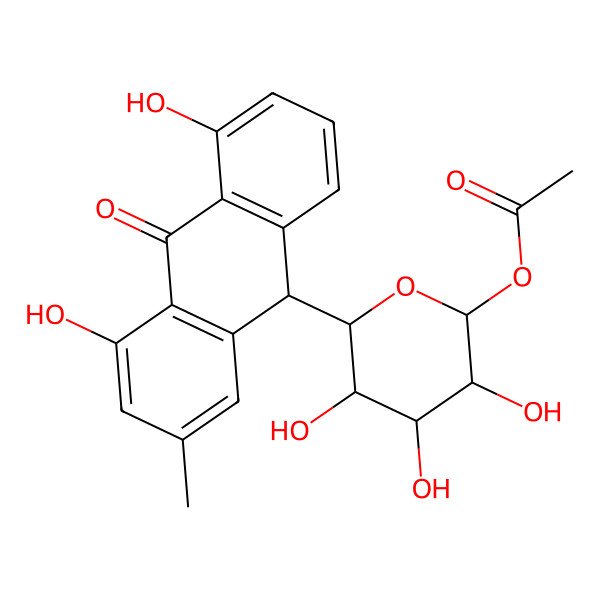 2D Structure of [6-(4,5-dihydroxy-2-methyl-10-oxo-9H-anthracen-9-yl)-3,4,5-trihydroxyoxan-2-yl] acetate