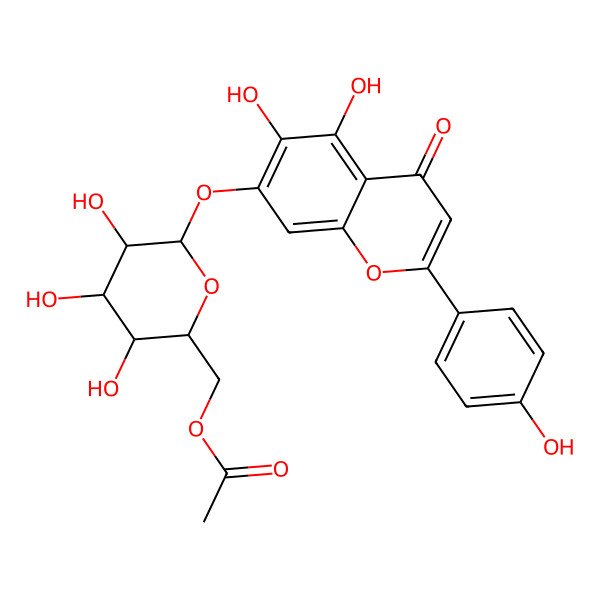2D Structure of [6-[5,6-Dihydroxy-2-(4-hydroxyphenyl)-4-oxochromen-7-yl]oxy-3,4,5-trihydroxyoxan-2-yl]methyl acetate