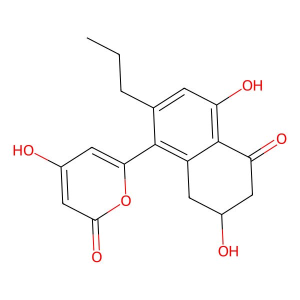 2D Structure of 6-[(7S)-4,7-dihydroxy-5-oxo-2-propyl-7,8-dihydro-6H-naphthalen-1-yl]-4-hydroxypyran-2-one