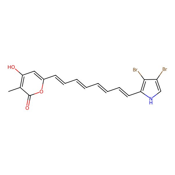 2D Structure of 6-[8-(3,4-dibromo-1H-pyrrol-2-yl)octa-1,3,5,7-tetraenyl]-4-hydroxy-3-methylpyran-2-one