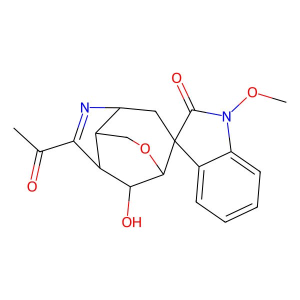 2D Structure of 6-Acetyl-11-hydroxy-1'-methoxyspiro[10-oxa-5-azatricyclo[5.3.1.04,8]undec-5-ene-2,3'-indole]-2'-one