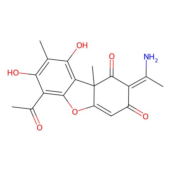 2D Structure of 6-Acetyl-2-(1-aminoethylidene)-7,9-dihydroxy-8,9b-dimethyl-1,3(2H,9bH)-dibenzofurandione