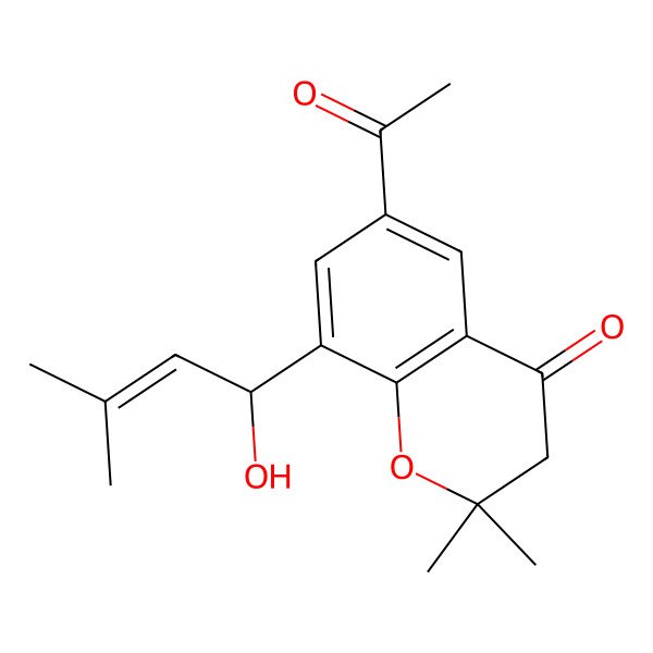 2D Structure of 6-acetyl-8-[(1S)-1-hydroxy-3-methylbut-2-enyl]-2,2-dimethyl-3H-chromen-4-one