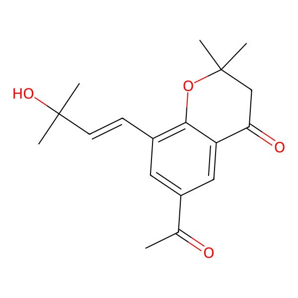 2D Structure of 6-acetyl-8-(3-hydroxy-3-methylbut-1-enyl)-2,2-dimethyl-3H-chromen-4-one 2D Structure of 6-acetyl-8-(3-hydroxy-3-methylbut-1-enyl)-2,2-dimethyl-3H-chromen-4-one