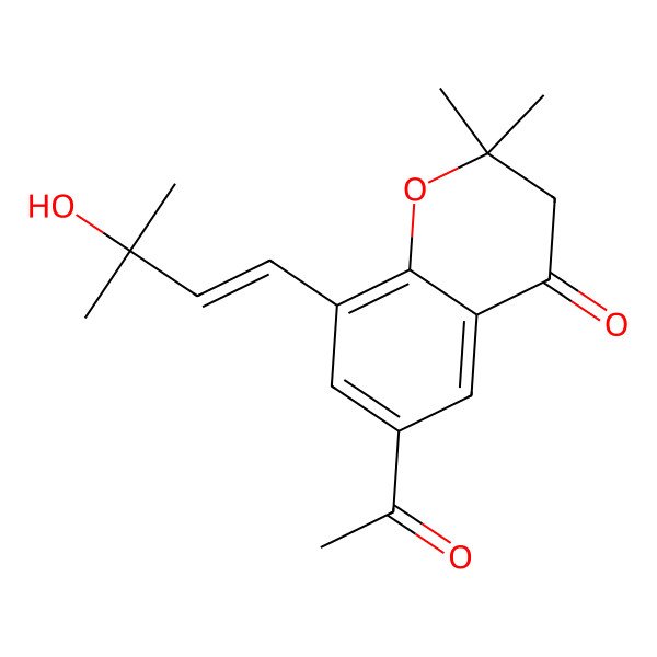2D Structure of 6-acetyl-8-[(E)-3-hydroxy-3-methylbut-1-enyl]-2,2-dimethyl-3H-chromen-4-one