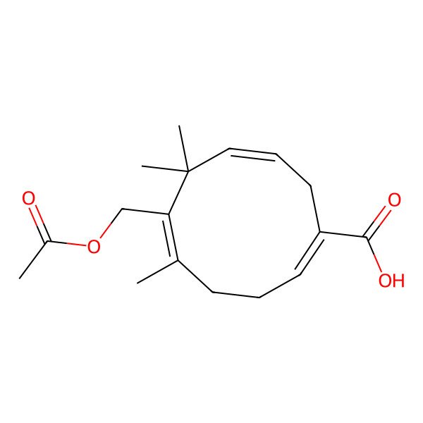 2D Structure of 6-(Acetyloxymethyl)-5,7,7-trimethylcyclodeca-1,5,8-triene-1-carboxylic acid