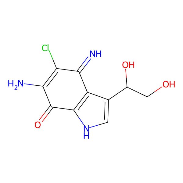 2D Structure of 6-amino-5-chloro-3-[(1S)-1,2-dihydroxyethyl]-4-imino-1H-indol-7-one