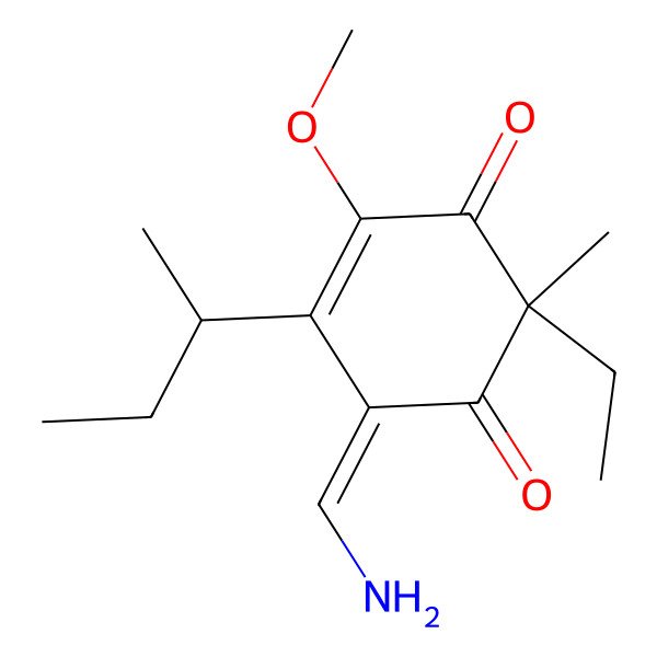2D Structure of 6-(Aminomethylidene)-5-butan-2-yl-2-ethyl-4-methoxy-2-methylcyclohex-4-ene-1,3-dione