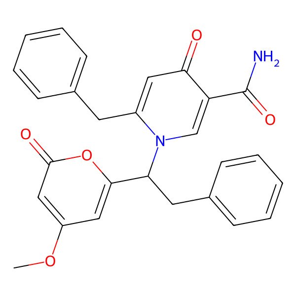 2D Structure of 6-Benzyl-1-[1-(4-methoxy-6-oxopyran-2-yl)-2-phenylethyl]-4-oxopyridine-3-carboxamide