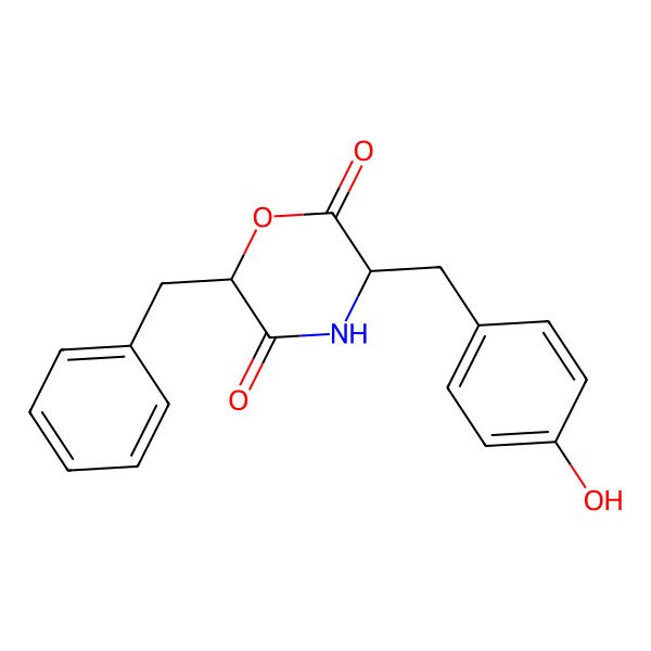 2D Structure of 6-Benzyl-3-[(4-hydroxyphenyl)methyl]morpholine-2,5-dione
