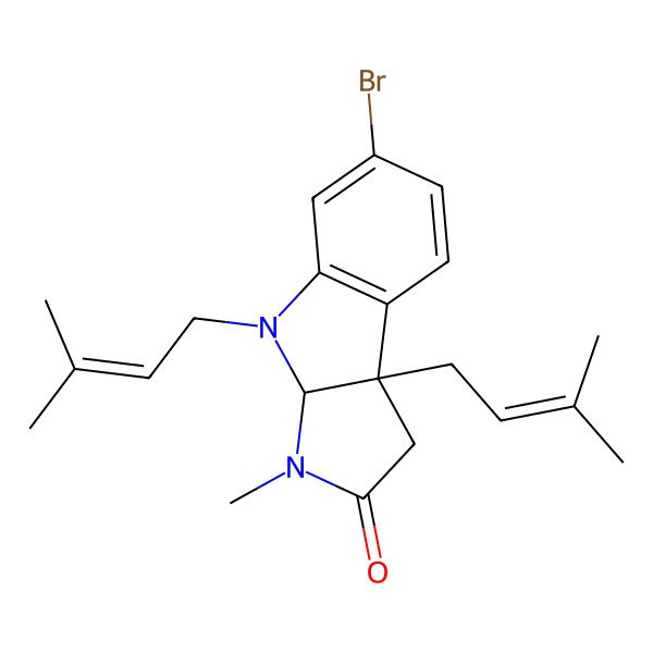 2D Structure of 6-Bromo-3-methyl-4,8b-bis(3-methylbut-2-enyl)-1,3a-dihydropyrrolo[2,3-b]indol-2-one
