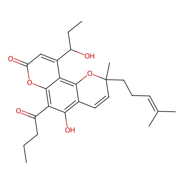 2D Structure of 6-Butanoyl-5-hydroxy-10-(1-hydroxypropyl)-2-methyl-2-(4-methylpent-3-enyl)pyrano[2,3-f]chromen-8-one