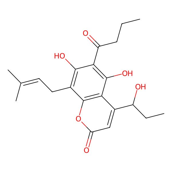 2D Structure of 6-Butanoyl-5,7-dihydroxy-4-(1-hydroxypropyl)-8-(3-methylbut-2-enyl)chromen-2-one