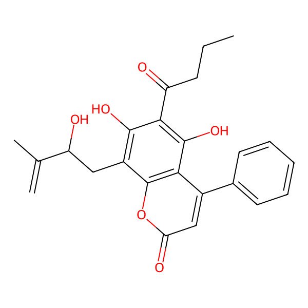 2D Structure of 6-butanoyl-5,7-dihydroxy-8-[(2R)-2-hydroxy-3-methylbut-3-enyl]-4-phenylchromen-2-one
