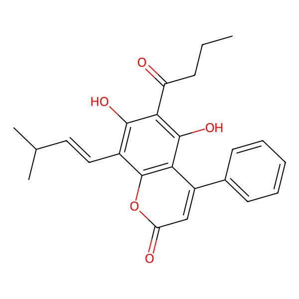 2D Structure of 6-Butyryl-5,7-dihydroxy-8-(3',3'-dimethylallyl)-4-phenylcoumarin