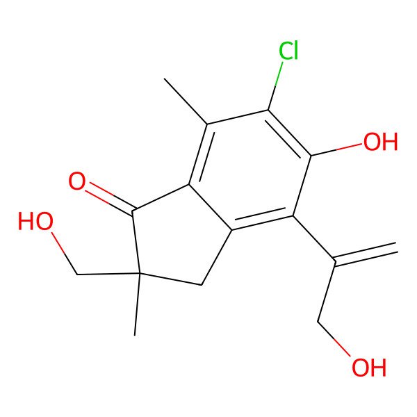 2D Structure of 6-chloro-5-hydroxy-2-(hydroxymethyl)-4-(3-hydroxyprop-1-en-2-yl)-2,7-dimethyl-3H-inden-1-one