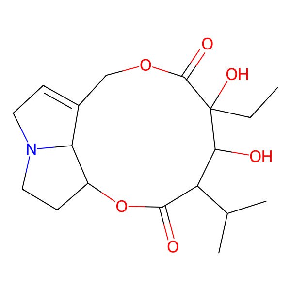 2D Structure of 6-Ethyl-5,6-dihydroxy-4-propan-2-yl-2,8-dioxa-13-azatricyclo[8.5.1.013,16]hexadec-10-ene-3,7-dione