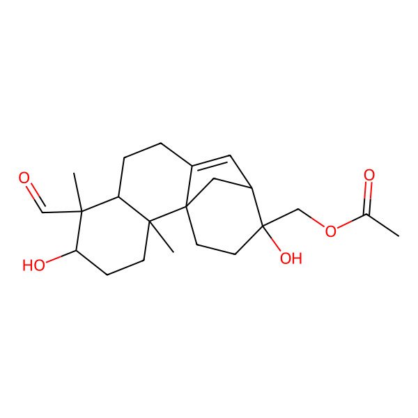 2D Structure of (6-Formyl-5,13-dihydroxy-2,6-dimethyl-13-tetracyclo[10.3.1.01,10.02,7]hexadec-10-enyl)methyl acetate