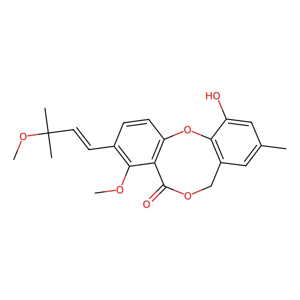 2D Structure of 6-hydroxy-1-methoxy-2-(3-methoxy-3-methylbut-1-enyl)-8-methyl-10H-benzo[b][1,5]benzodioxocin-12-one