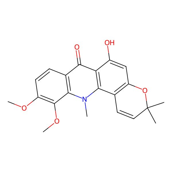 2D Structure of 6-Hydroxy-10,11-dimethoxy-3,3,12-trimethyl-pyrano[2,3-c]acridin-7-one