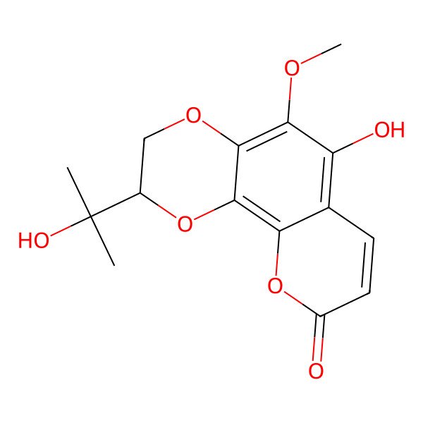 2D Structure of 6-Hydroxy-2-(2-hydroxypropan-2-yl)-5-methoxy-2,3-dihydropyrano[3,2-h][1,4]benzodioxin-9-one