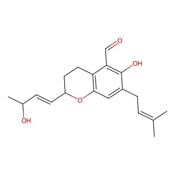 2D Structure of 6-hydroxy-2-(3-hydroxybut-1-enyl)-7-(3-methylbut-2-enyl)-3,4-dihydro-2H-chromene-5-carbaldehyde