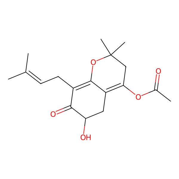 2D Structure of [6-hydroxy-2,2-dimethyl-8-(3-methylbut-2-enyl)-7-oxo-5,6-dihydro-3H-chromen-4-yl] acetate