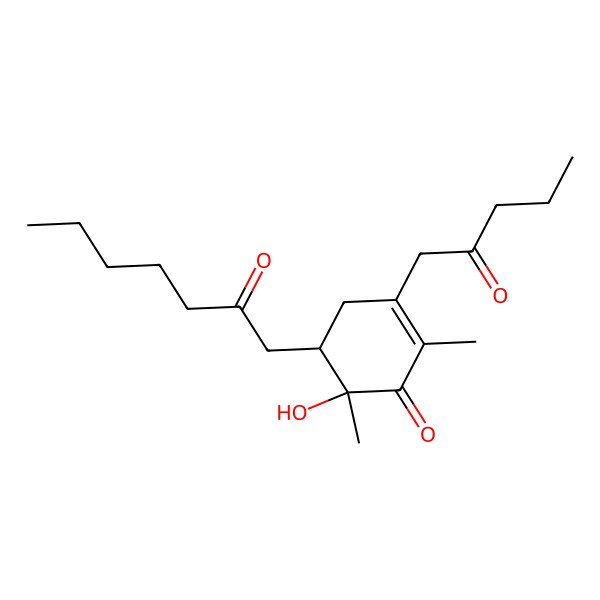 2D Structure of 6-Hydroxy-2,6-dimethyl-5-(2-oxoheptyl)-3-(2-oxopentyl)cyclohex-2-en-1-one