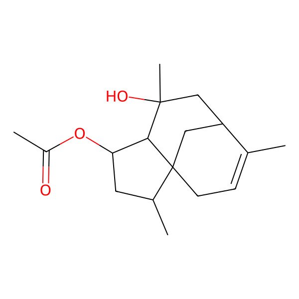 2D Structure of (6-Hydroxy-2,6,9-trimethyl-4-tricyclo[6.3.1.01,5]dodec-9-enyl) acetate