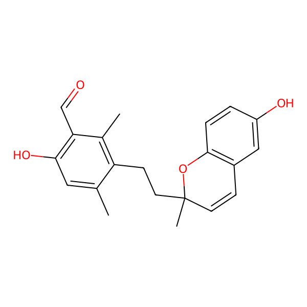 2D Structure of 6-hydroxy-3-[2-[(2R)-6-hydroxy-2-methylchromen-2-yl]ethyl]-2,4-dimethylbenzaldehyde