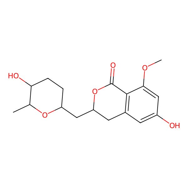 2D Structure of 6-Hydroxy-3-[(5-hydroxy-6-methyloxan-2-yl)methyl]-8-methoxy-3,4-dihydroisochromen-1-one